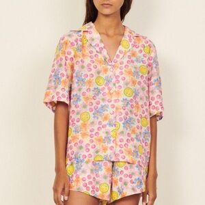 Sandro Smiley Printed Flowing Shirt Size Small Floral Colorful Retro Festival